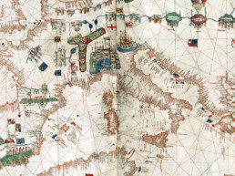 Ausschnitt aus dem Portolan von Albino de Canepa 1489. Portolane sind „Hafenbücher“ mit Karten und nautischen Informationen.